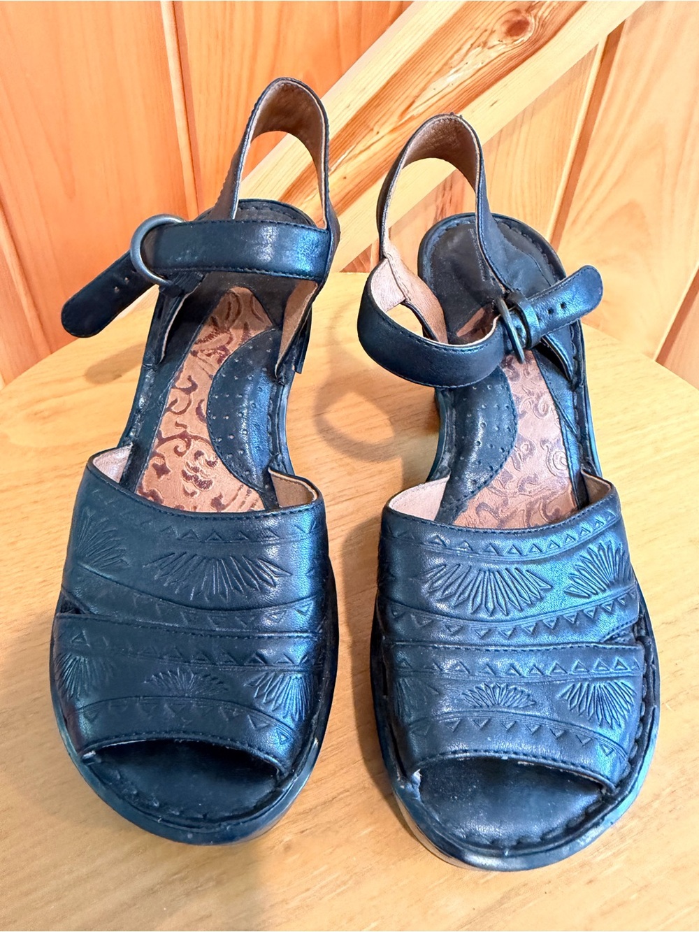 Born Black Embossed Leather Wedge Sandals